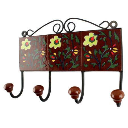 Dark Brown With Forest Green Leaf Ceramic Tile Hook